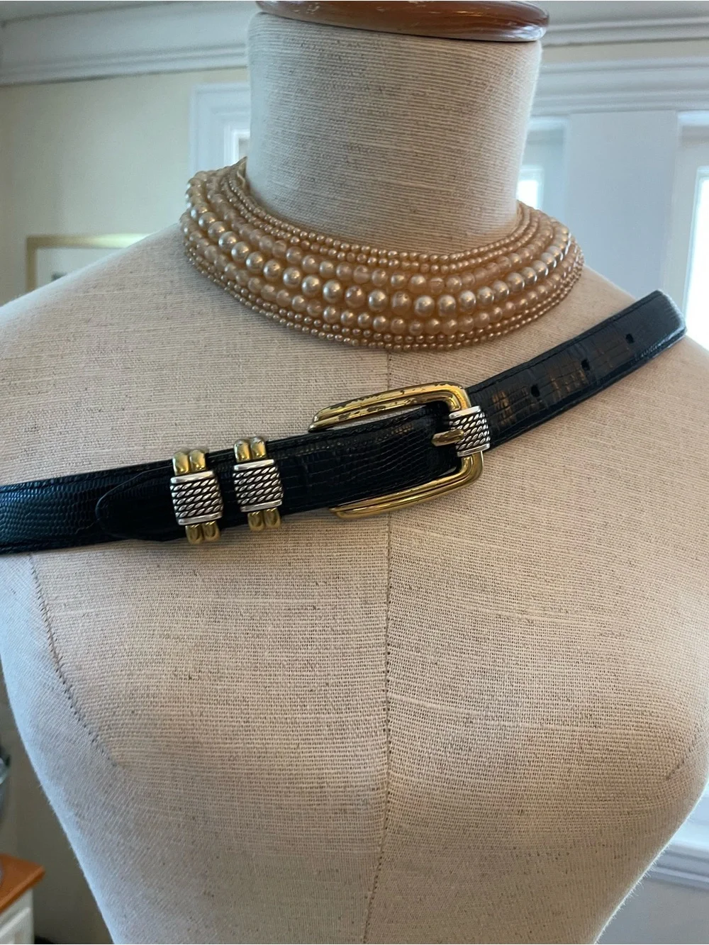 Brighton Black Textured Leather Belt with Gold & Silver Accents